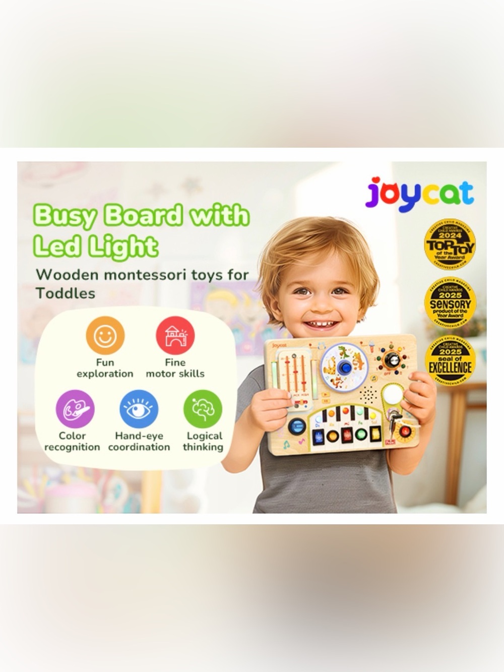 JOYCAT Wooden Busy Board Activity Toy with LED Light - Natural Wood